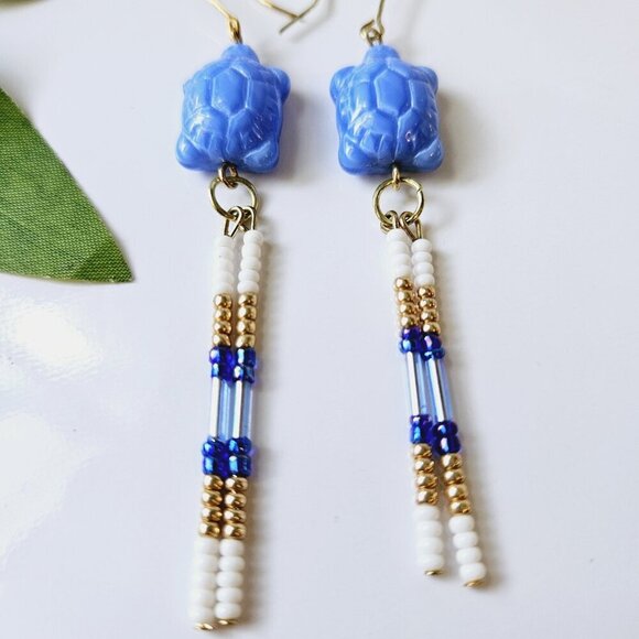 2/$27 | Blue Turtle Beaded Indigenous Native Fringe Earrings | Handmade Jewelry - Picture 4 of 5